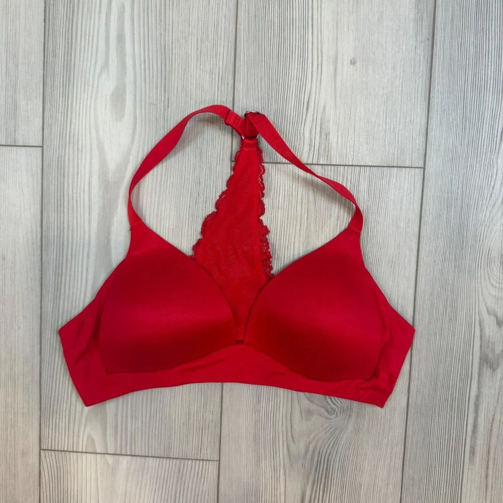 Aerie Real‎ Sunnie Wireless Bra Red Lace Racerback 34B Floral Back Detail